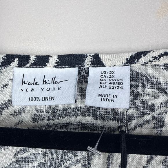 NEW NWT Nicole Miller The Linen Collection Black & Beige Leaf Print Top Size 2X - Picture 4 of 6